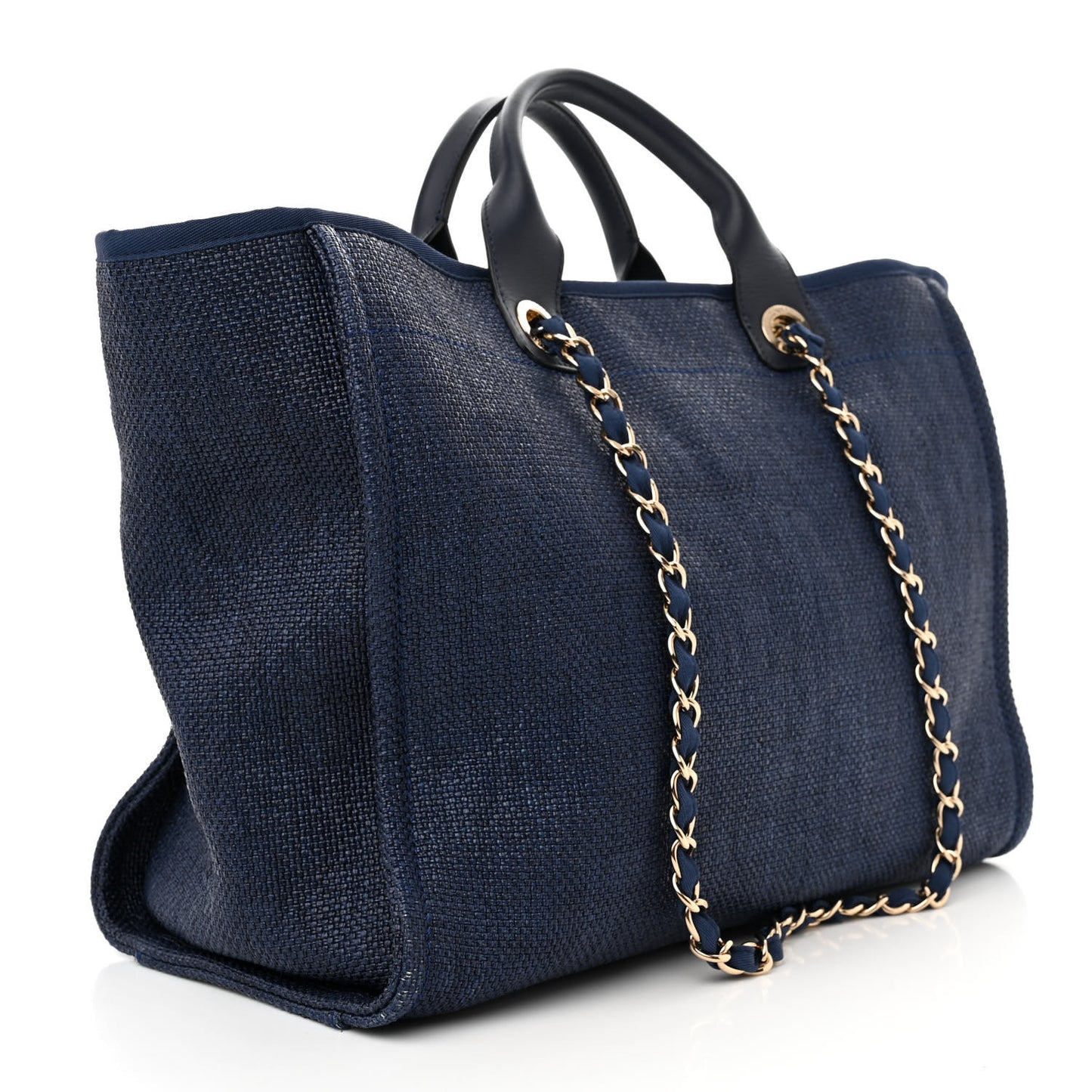 Woven Straw Raffia Medium Deauville Tote Navy
