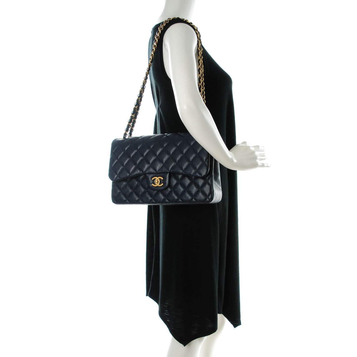 Caviar Quilted Jumbo Double Flap Navy Blue