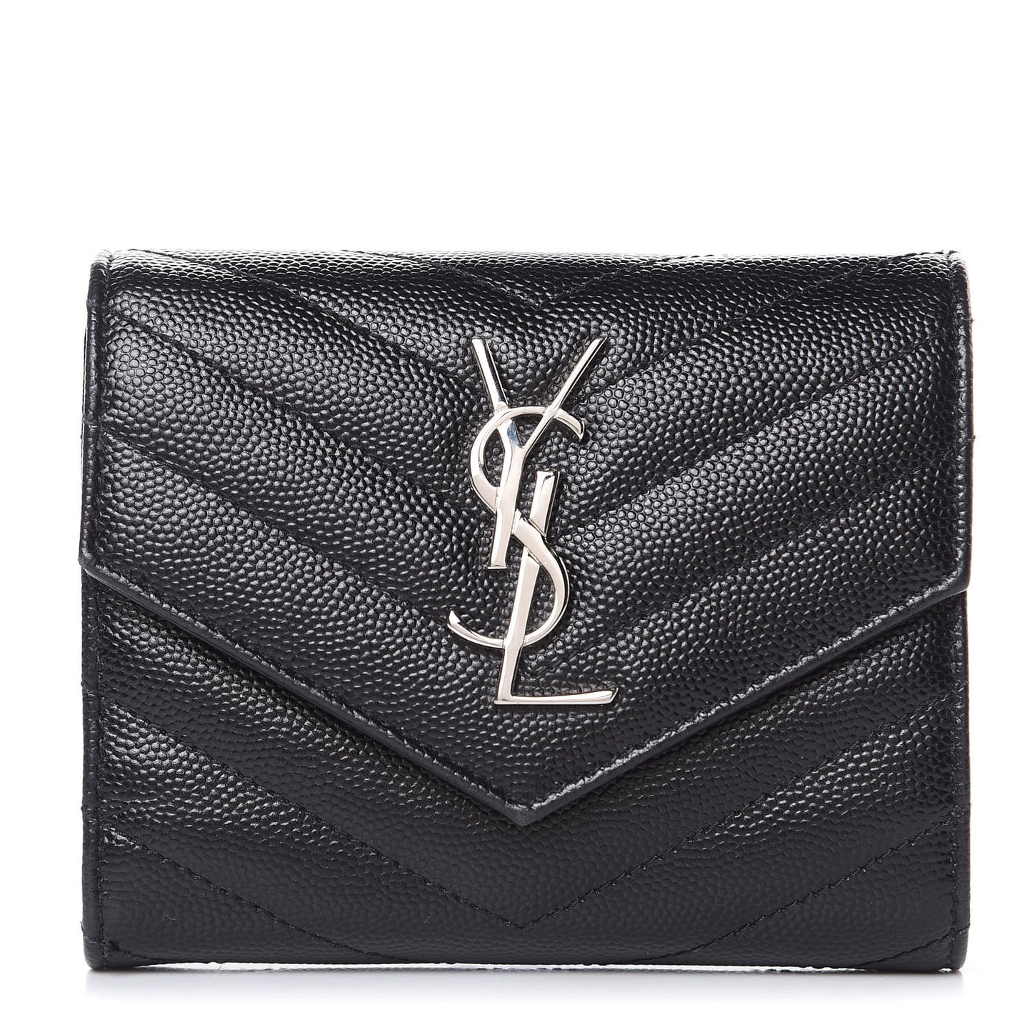 Grain De Poudre Matelasse Chevron Monogram Compact Tri Fold Wallet Black