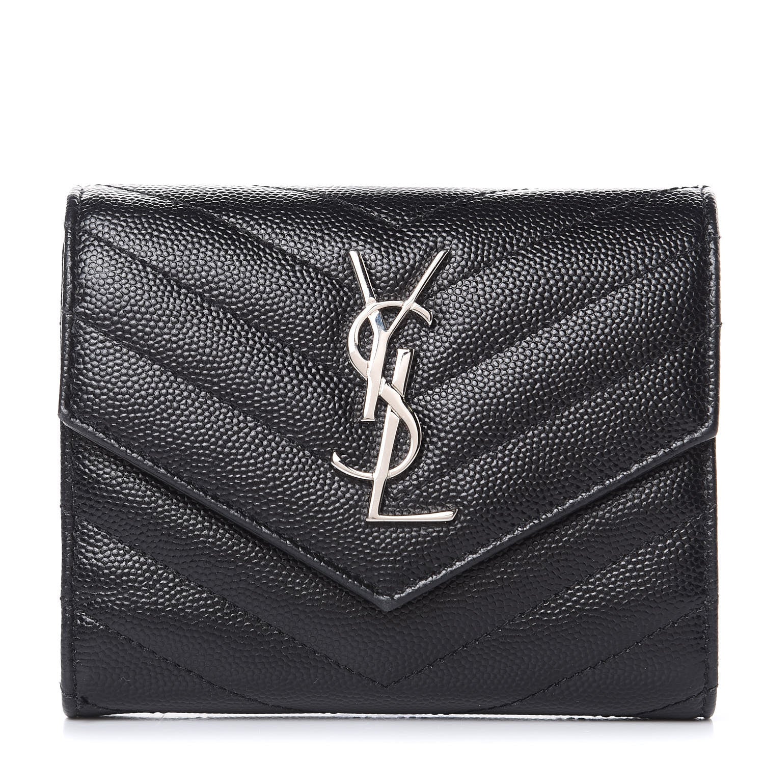 Saint Laurent Grain De Poudre Matelasse Chevron Monogram Compact Tri Fold Wallet Black 1 of 12
