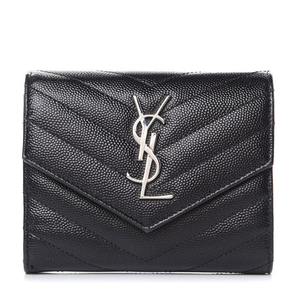 Saint Laurent Grain De Poudre Matelasse Chevron Monogram Compact Tri Fold Wallet Black 1 of 12