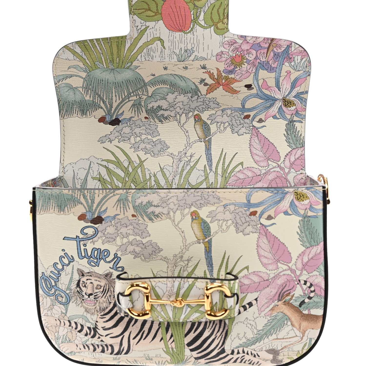 Gucci New Shangai Calfskin Tiger Savanah Web Mini Horsebit 1955 Shoulder Bag Chalky White Multicolor 12 of 13