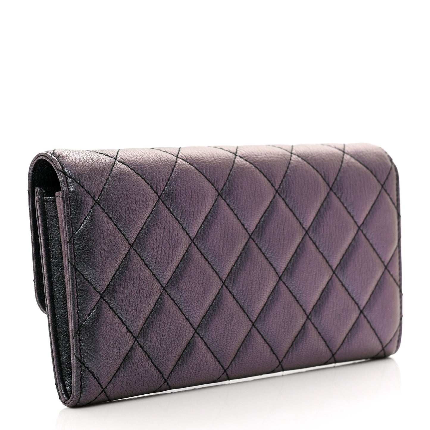 Iridescent Goatskin Quilted Large Flap Wallet Purple