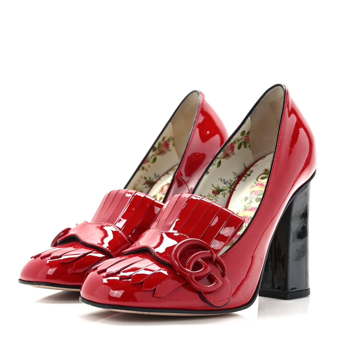Vernice Crystal Enamel GG Marmont Fringe 105mm Loafer Pumps 36.5 Hibiscus Red Black