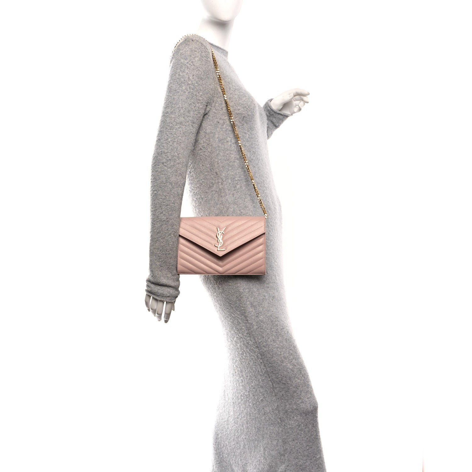 Saint Laurent Grain De Poudre Matelasse Chevron Monogram Chain Wallet Pale Pink 2 of 11