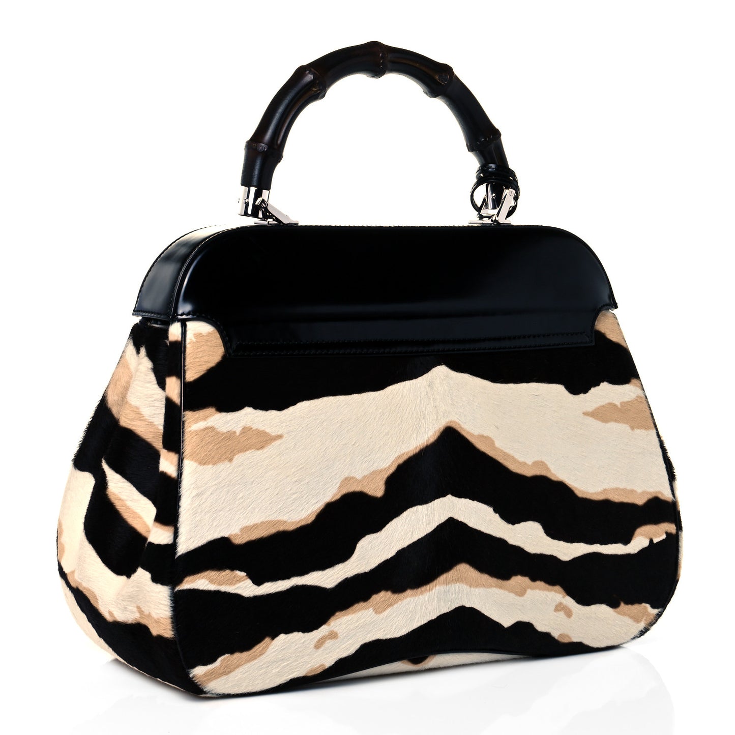 Calf Hair Zebra Print Bamboo Large Lady Lock Top Handle Bag Black White