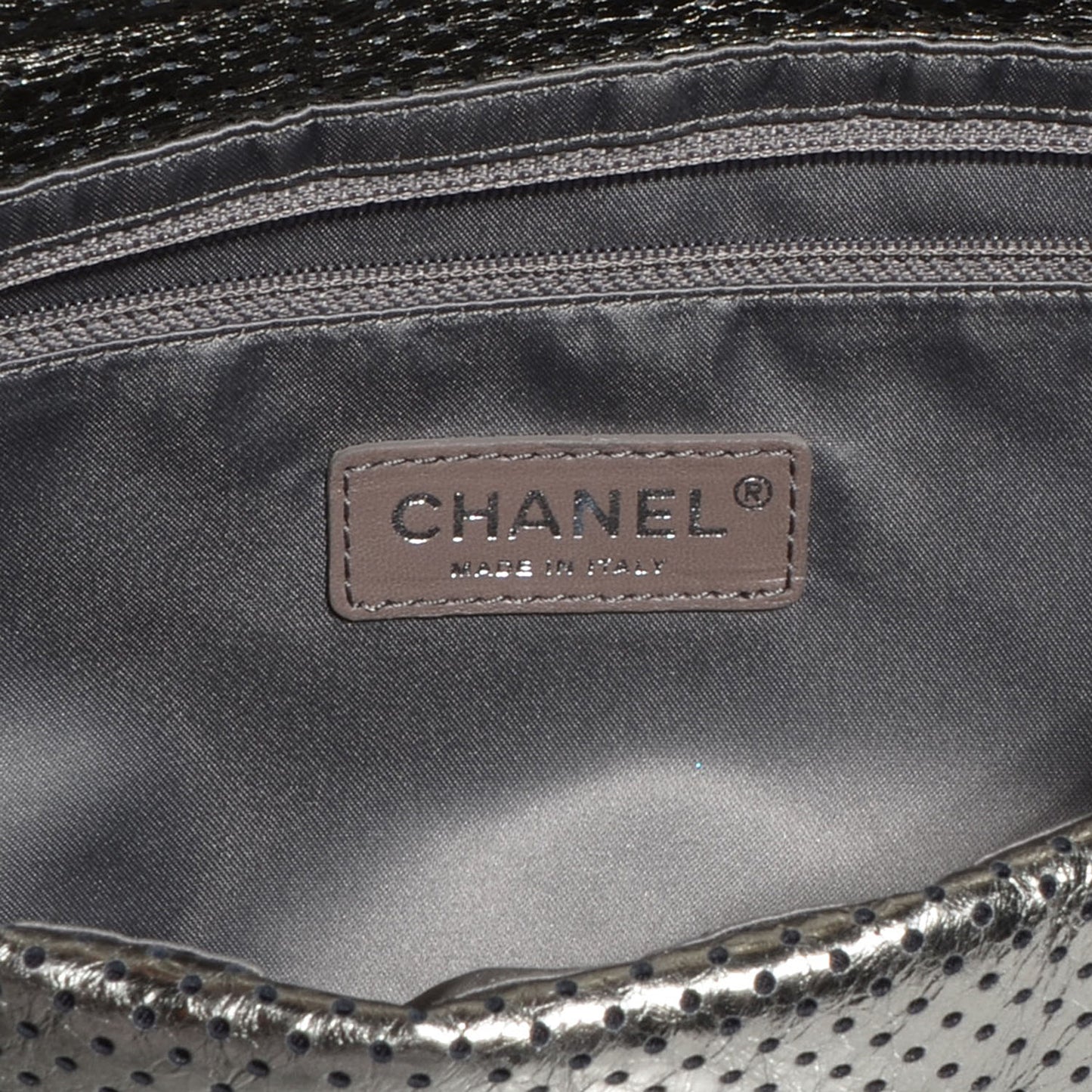 Metallic Crackled Calfskin Perforated Large Drill Flap Silver