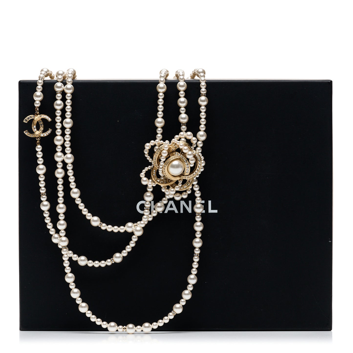 Pearl Crystal CC Camellia Multi Strand Necklace Gold White