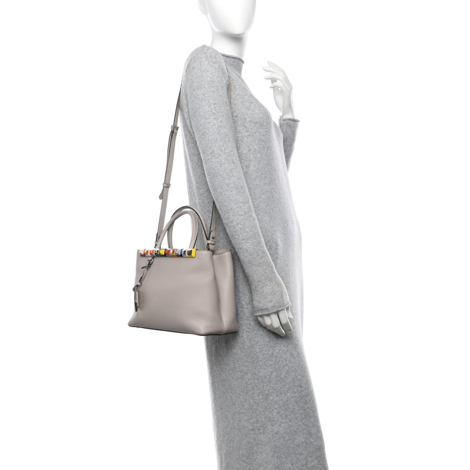 Fendi Vitello Dolce Studded Petite 2Jours Tote Grigio Polvere Multicolor 2 of 15