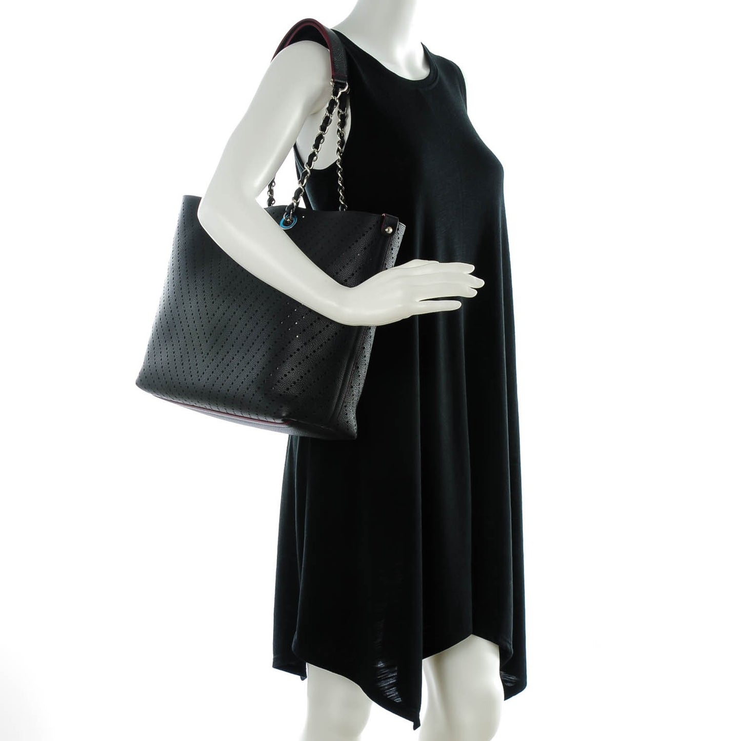 Perforated Grained Calfskin Large Shopping Tote Black