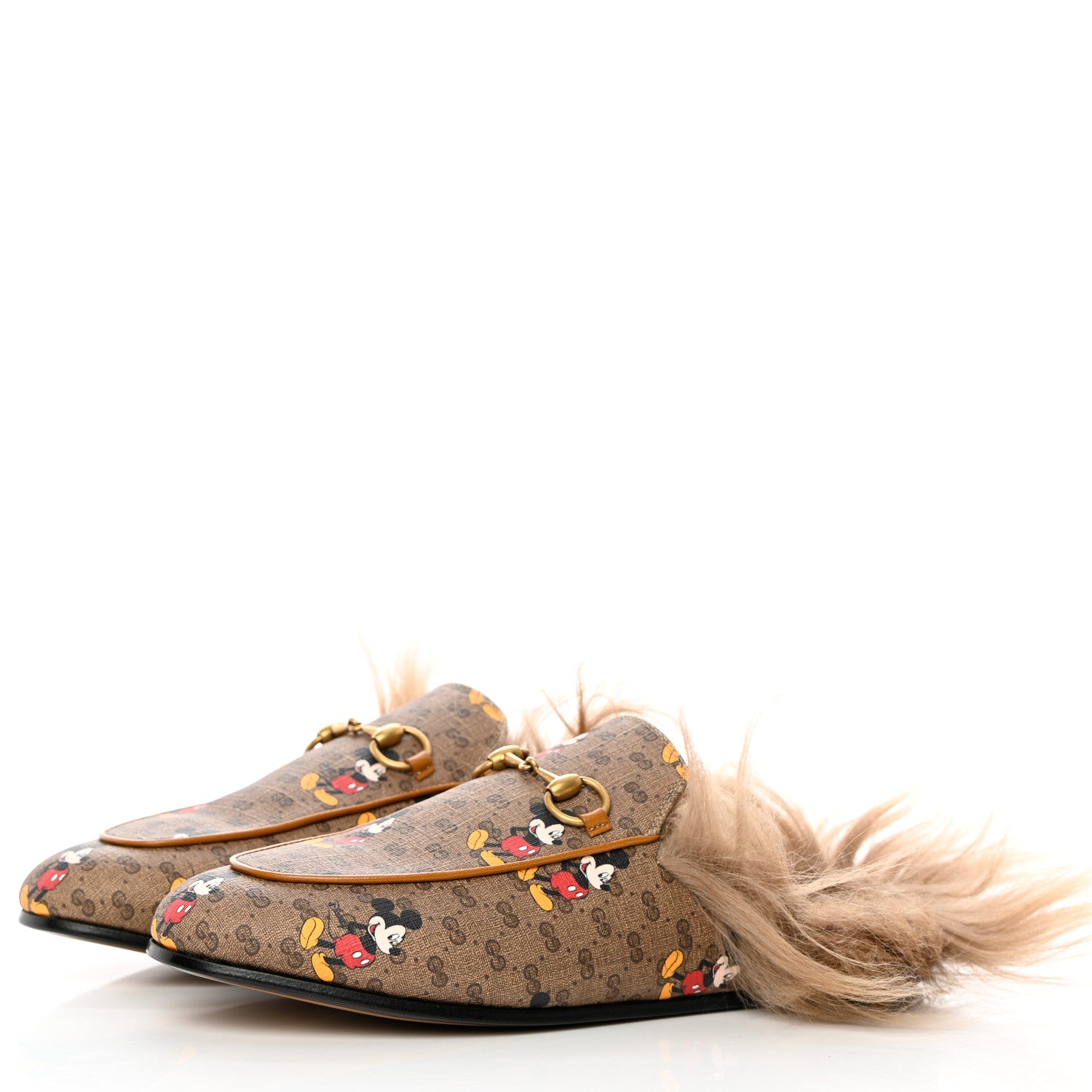 Gucci X DISNEY Mini Vintage GG Supreme Monogram Mickey Mouse Fur Womens Princetown Slippers 37.5 Beige Vintage Sun Oil 3 of 8