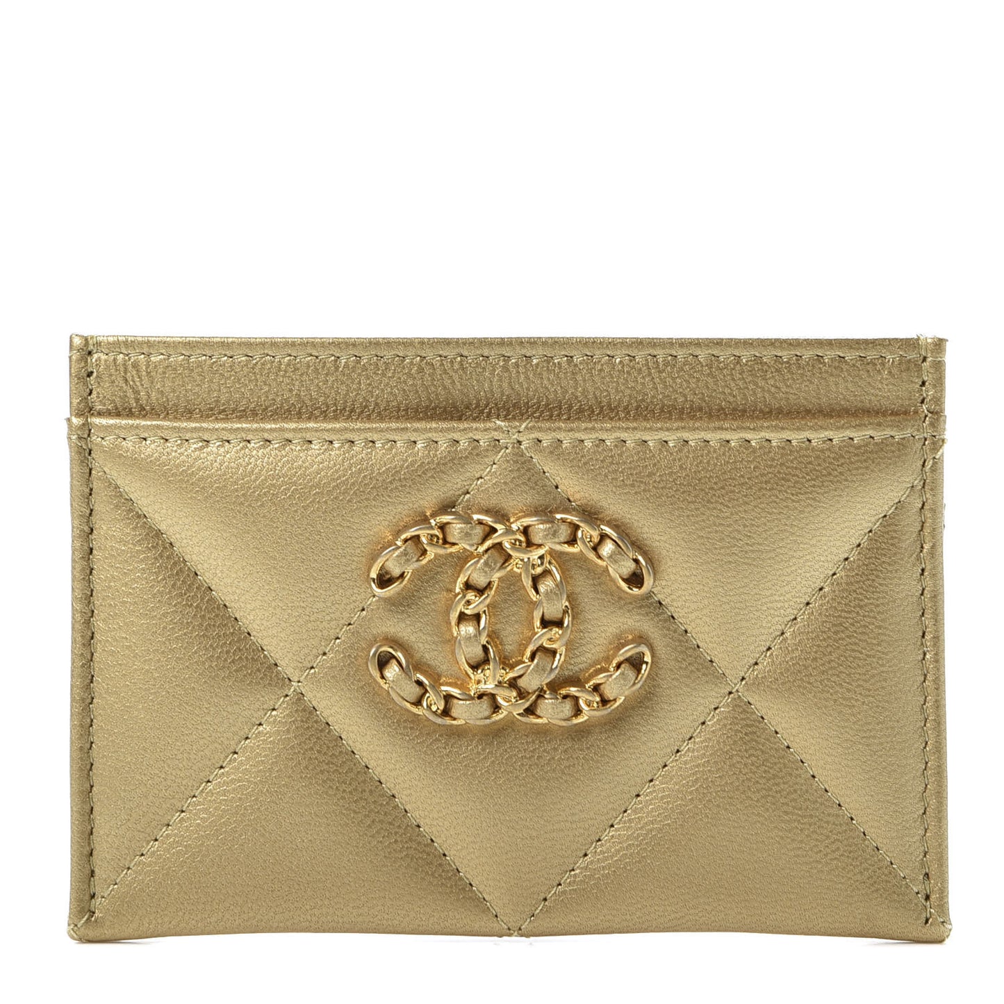 Metallic Goatskin Quilted Chanel 19 Card Holder Gold