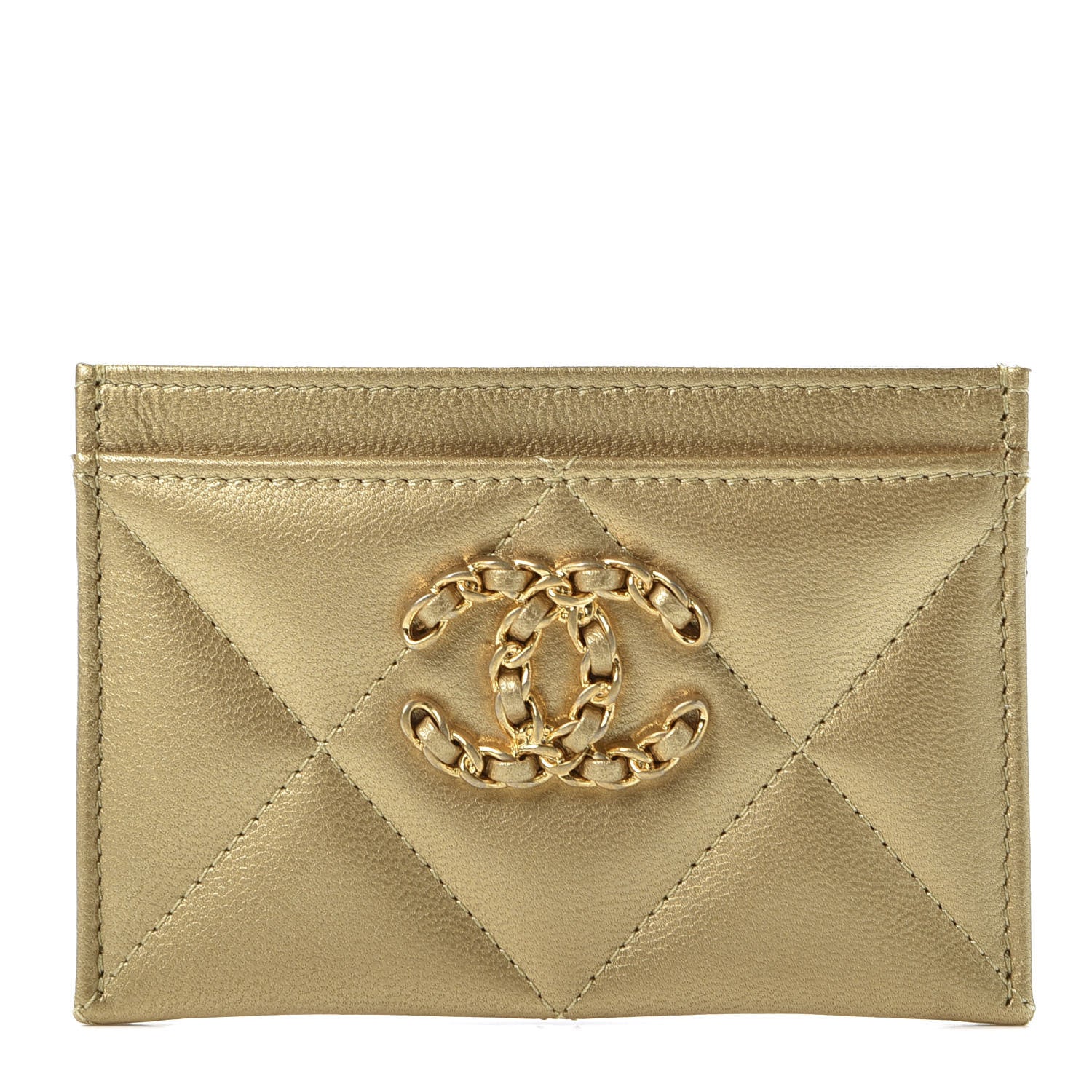 Chanel Metallic Goatskin Quilted Chanel 19 Card Holder Gold 1 of 10