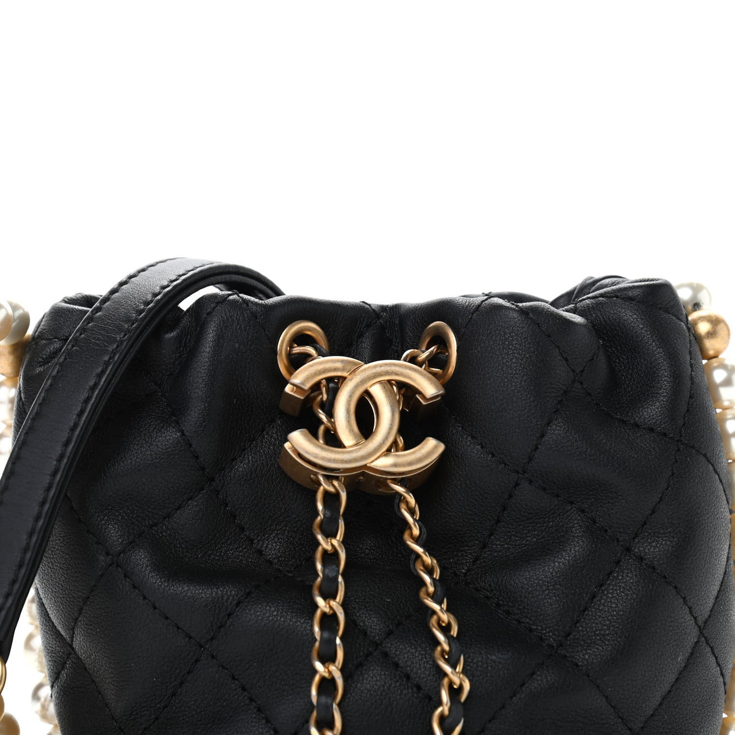 Calfskin Quilted Pearl Mini About Pearls Drawstring Bucket Bag Black