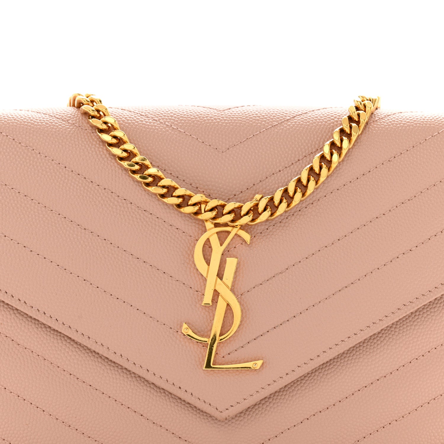 Saint Laurent Grain De Poudre Matelasse Chevron Monogram Chain Wallet Pale Pink 10 of 16