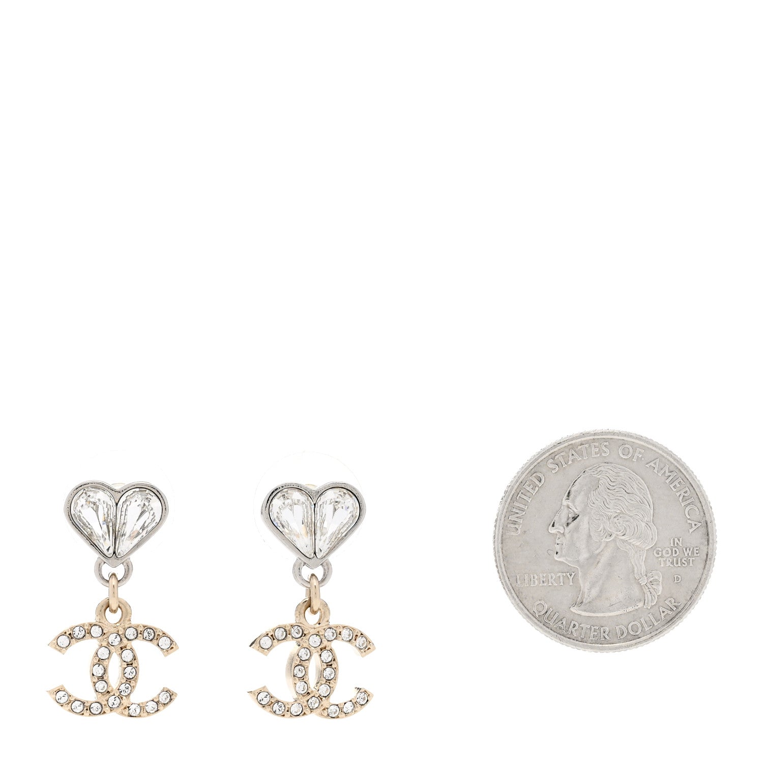 Chanel Crystal CC Heart Drop Earrings Gold Silver 2 of 5