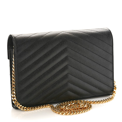 Saint Laurent Grain De Poudre Matelasse Chevron Monogram Chain Wallet Black 2 of 9