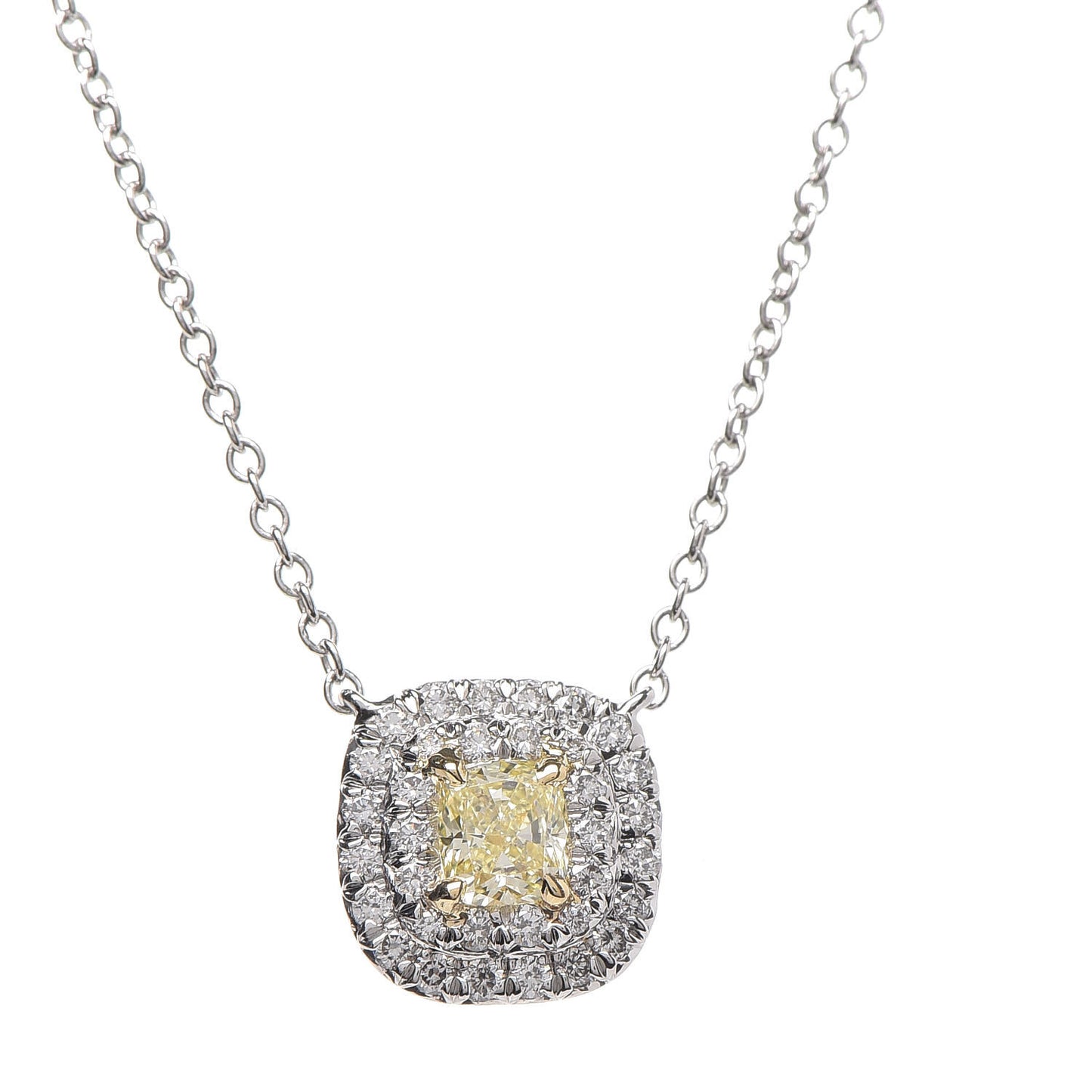 Platinum 18K Yellow Gold Diamond Fancy Yellow Diamond .19ct Soleste Cushion-Cut Halo Pendant Necklace