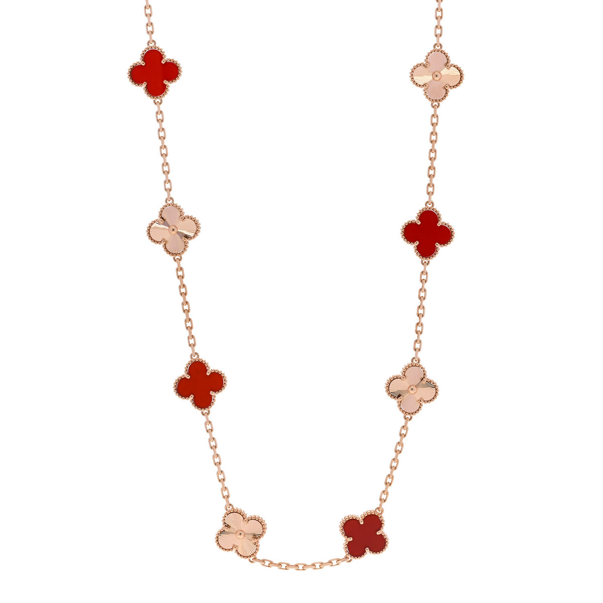 18K Rose Gold Carnelian 20 Motifs Guilloche Vintage Alhambra Necklace
