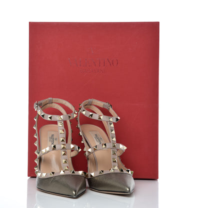 Valentino Garavani Metallic Pebbled Calfskin Rockstud Ankle Strap 100mm Pumps 37 Sasso Poudre 10 of 10