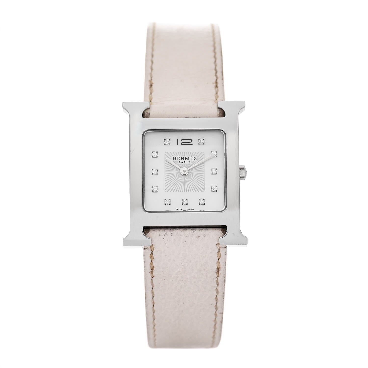 Hermes Stainless Steel Epsom Diamond Mother of Pearl 26mm Heure H Hour Quartz Watch Blanc 1 of 5