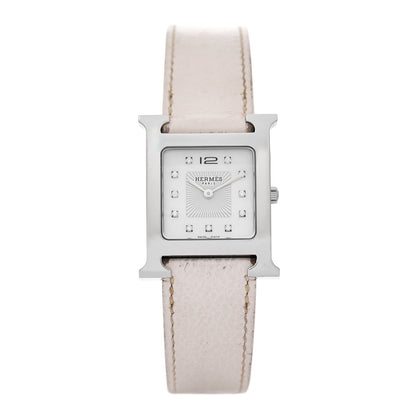 Hermes Stainless Steel Epsom Diamond Mother of Pearl 26mm Heure H Hour Quartz Watch Blanc 1 of 5