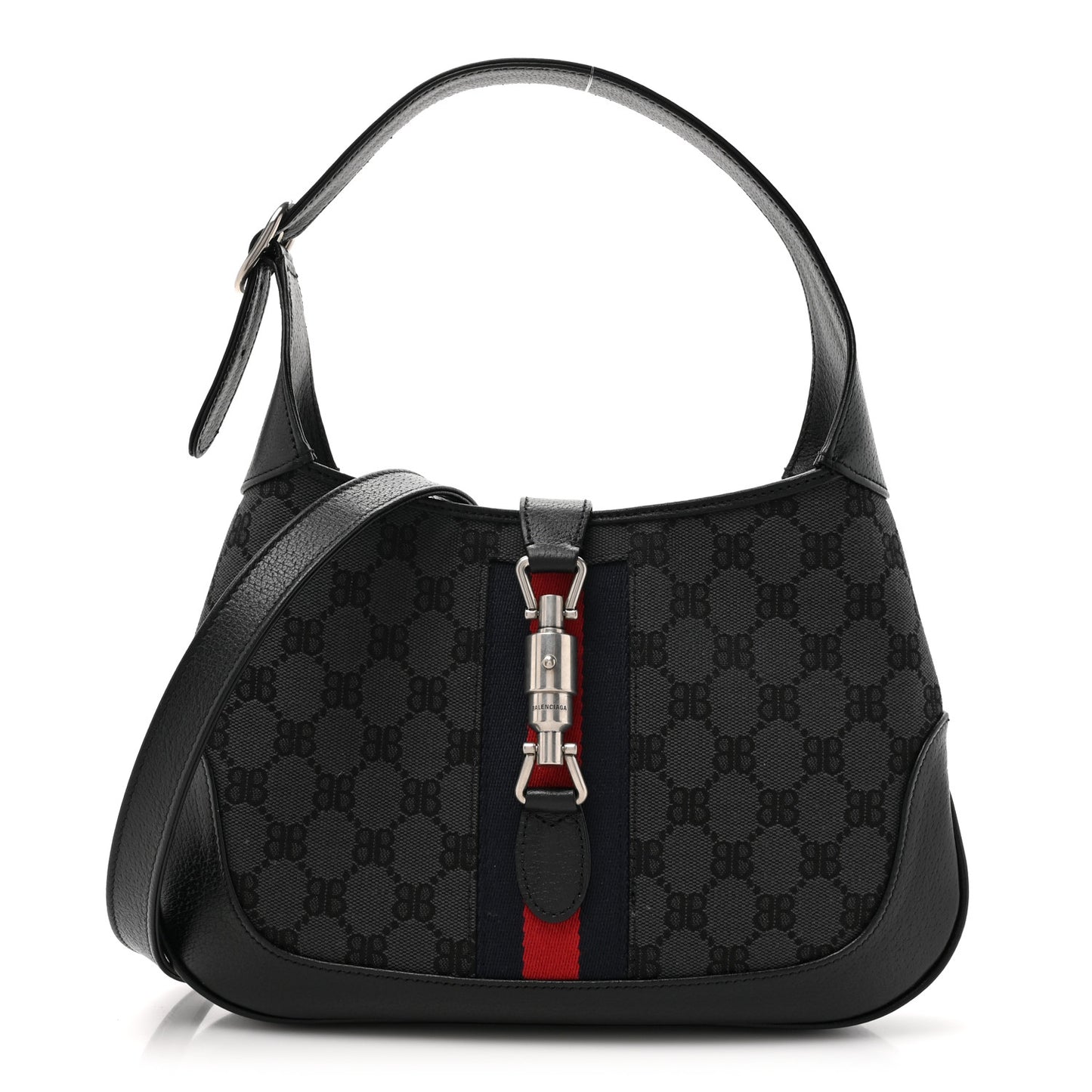 X BALENCIAGA BB Monogram Calfskin Web Small Jackie 1961 Hobo Black