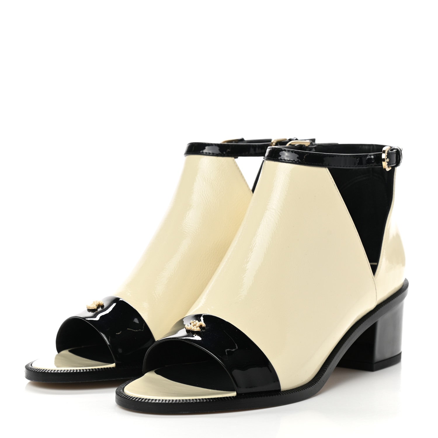 Chanel Patent Goatskin Patent Calfskin Peep Toe Short Ankle Boots 37 White Black 3 of 8