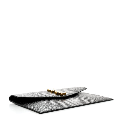 Saint Laurent Calfskin Crocodile Embossed Uptown Monogram Clutch Black 3 of 7