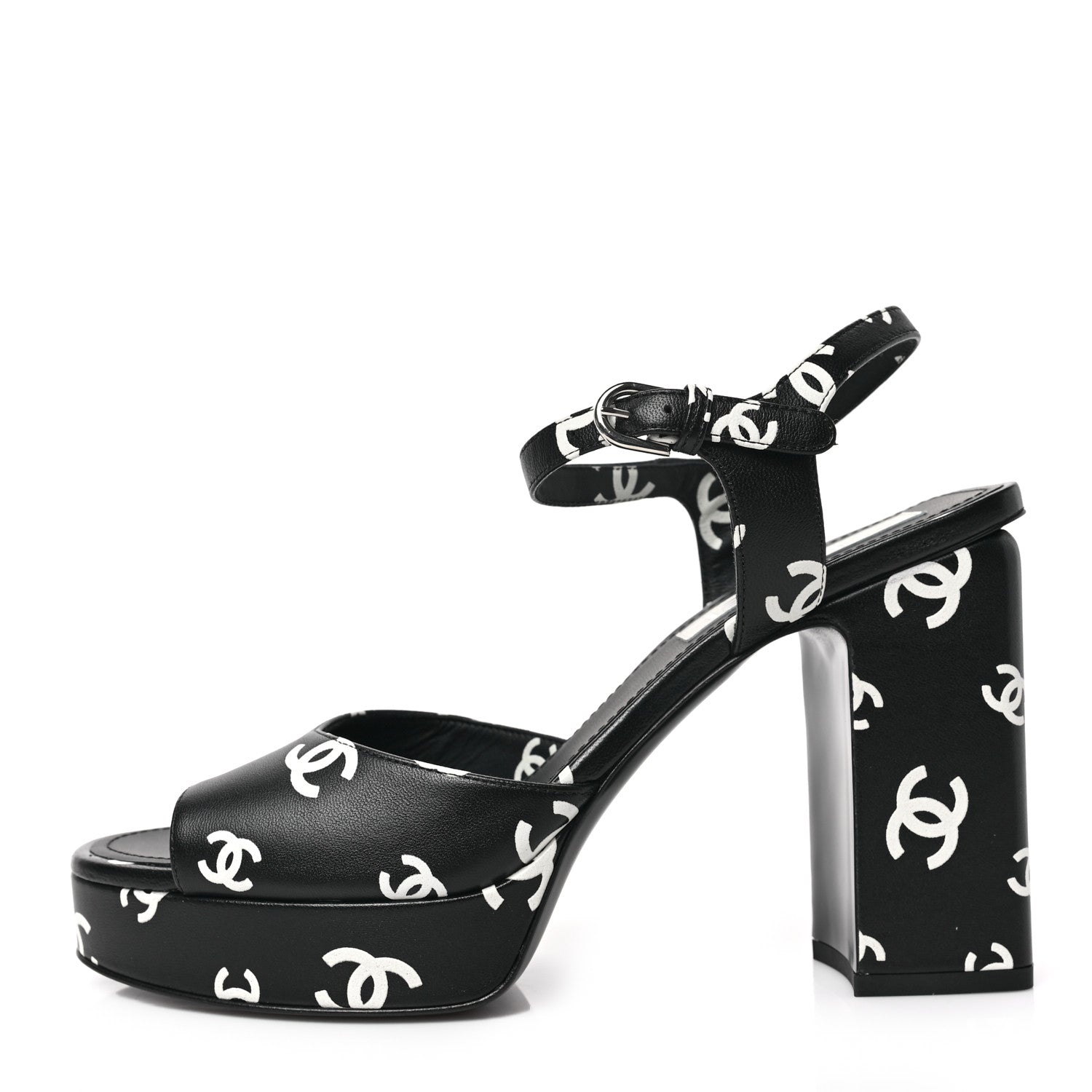 Chanel Printed Lambskin CC Platform Sandals 39.5 Black White 1 of 9