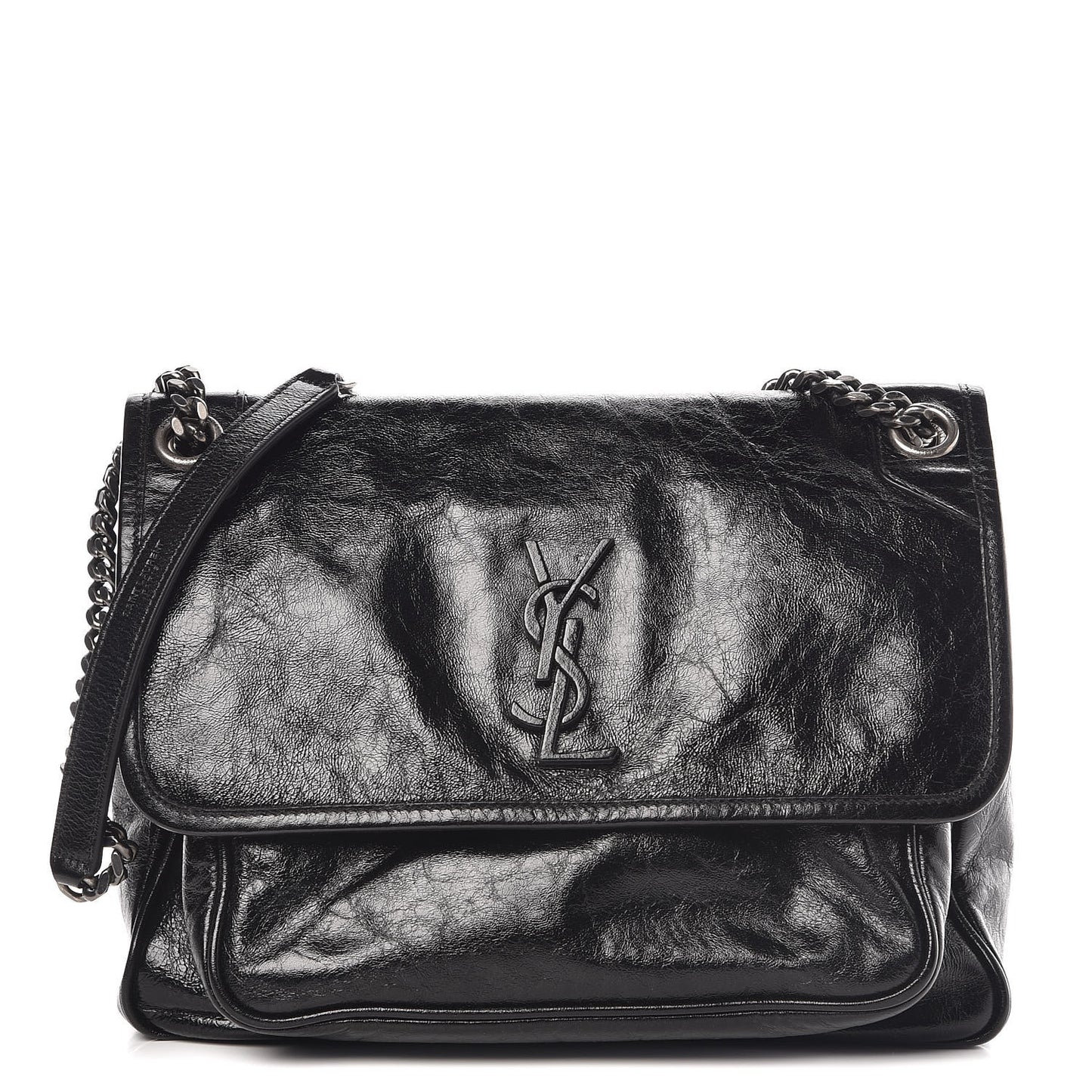 Crinkled Calfskin Matelasse Monogram Medium Niki Chain Satchel Black