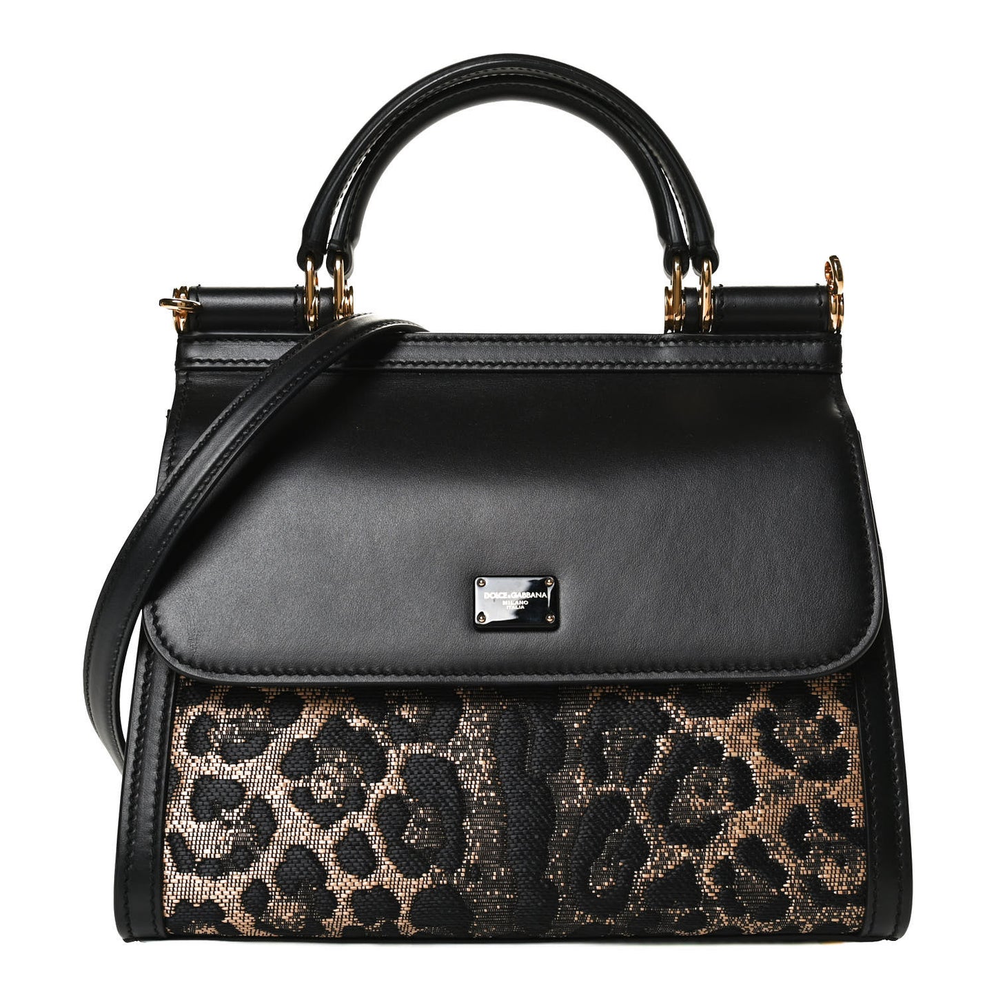 Calfskin Leopard Print Raffia Medium Sicily 58 Satchel Black Multicolor