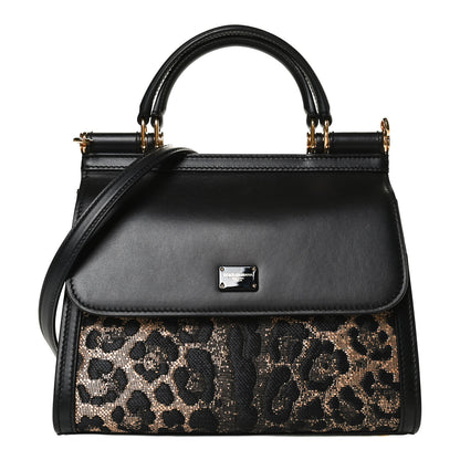 Dolce & Gabbana Calfskin Leopard Print Raffia Medium Sicily 58 Satchel Black Multicolor 1 of 12