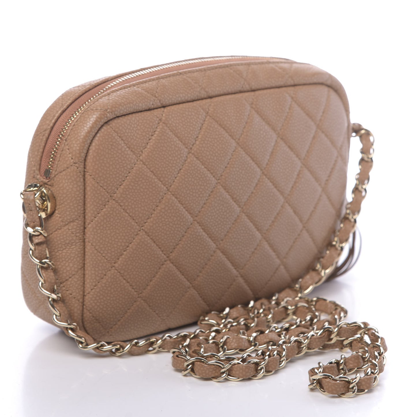 Iridescent Caviar Quilted Coco Tassel Camera Case Beige
