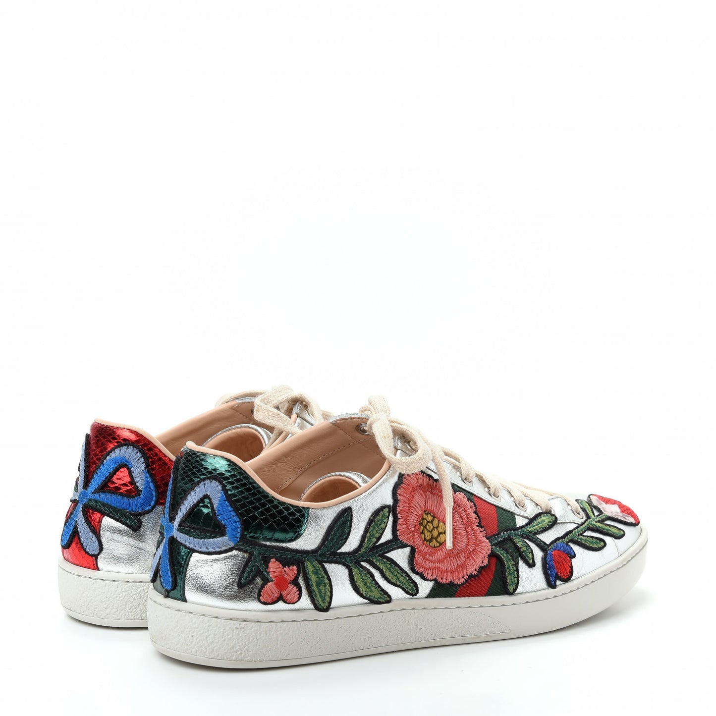 Metallic Calfskin Floral Embroidered Ace Sneakers 39.5 Silver