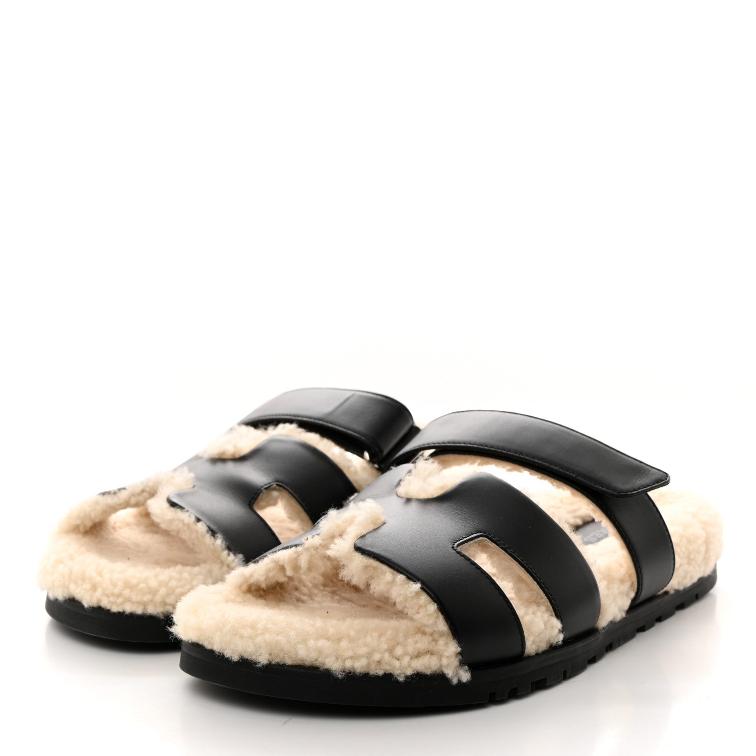 Hermes Calfskin Woolskin Mens Chypre Sandals 42 Black Ecru 3 of 9