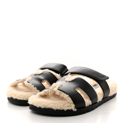 Hermes Calfskin Woolskin Mens Chypre Sandals 42 Black Ecru 3 of 9