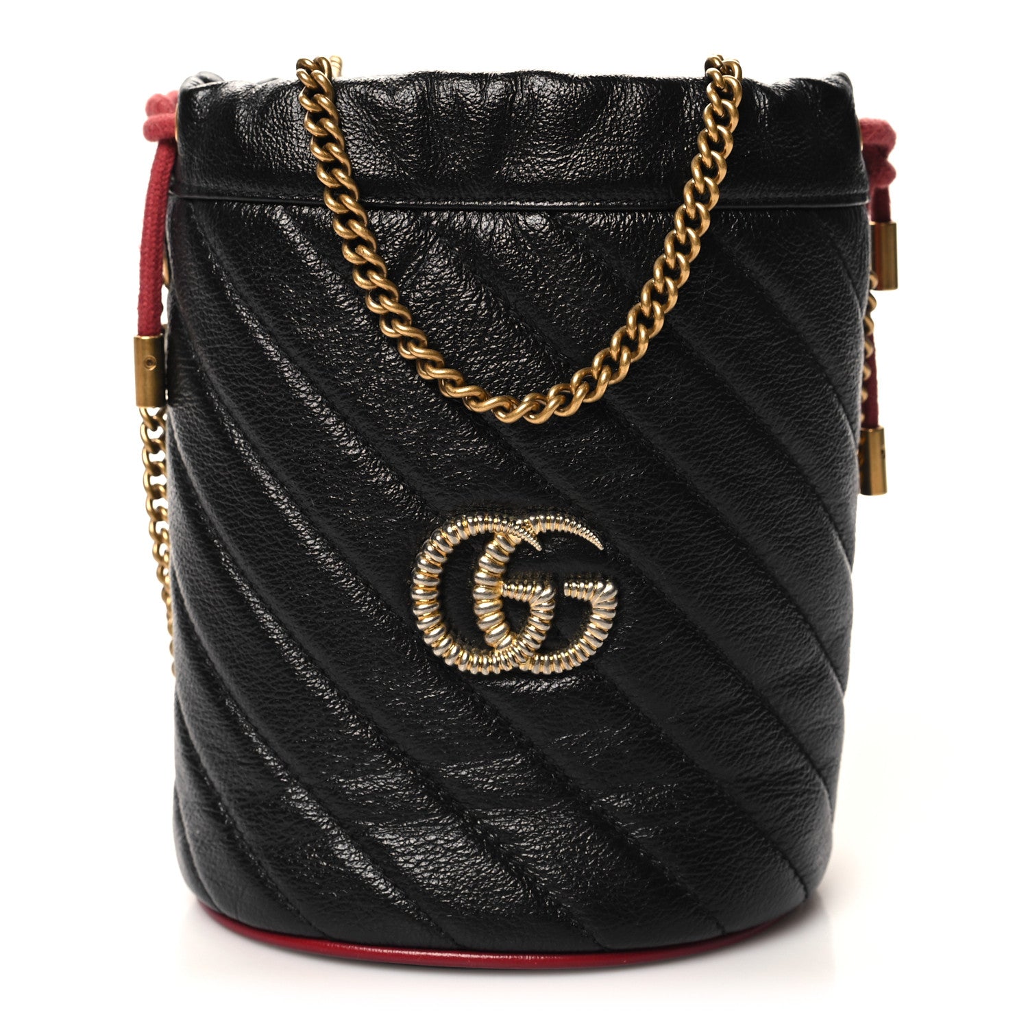 Gucci Vintage Effect Calfskin Matelasse Diagonal Mini Torchon GG Marmont 2.0 Bucket Bag Black Romantic Cherry 1 of 10