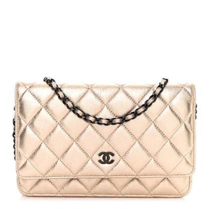 Chanel Metallic Lambskin Quilted Wallet On Chain WOC Gold Black 1 of 12