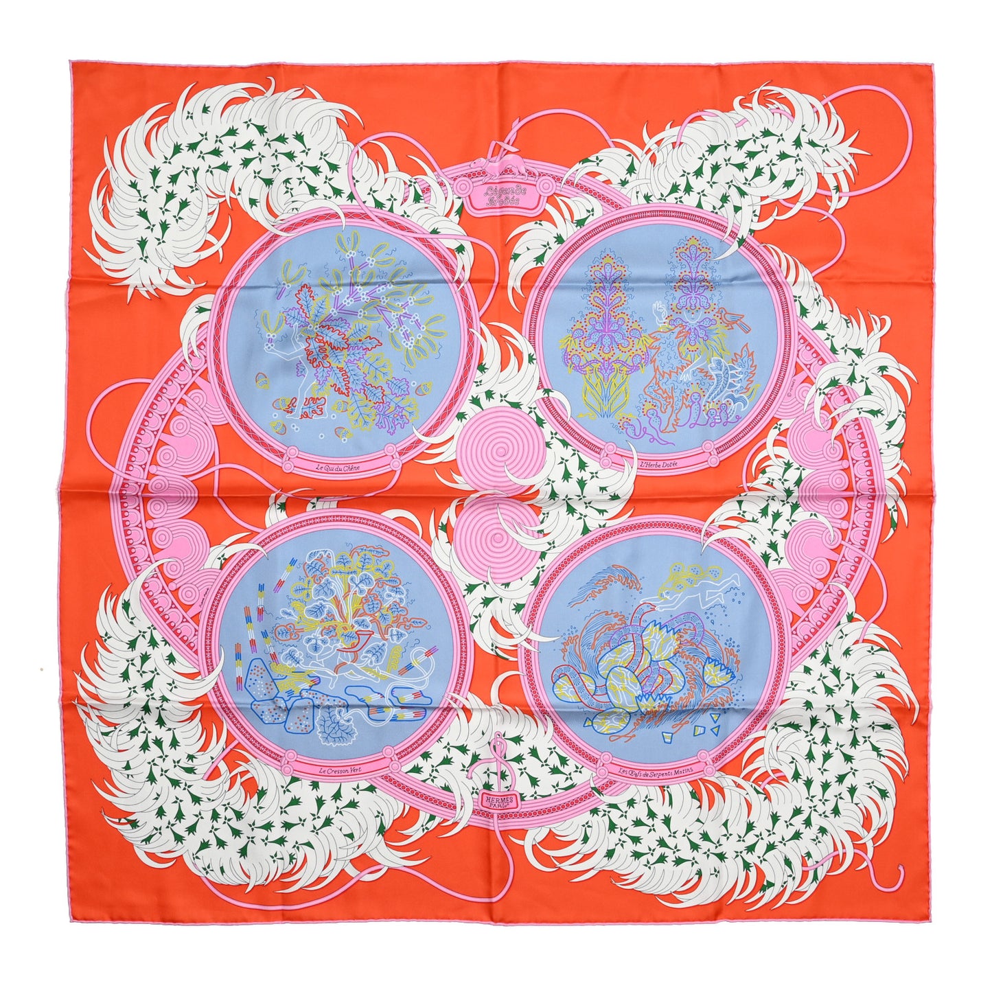 Silk Legende Brodee Scarf 90 Vermillon Bleu Pale White
