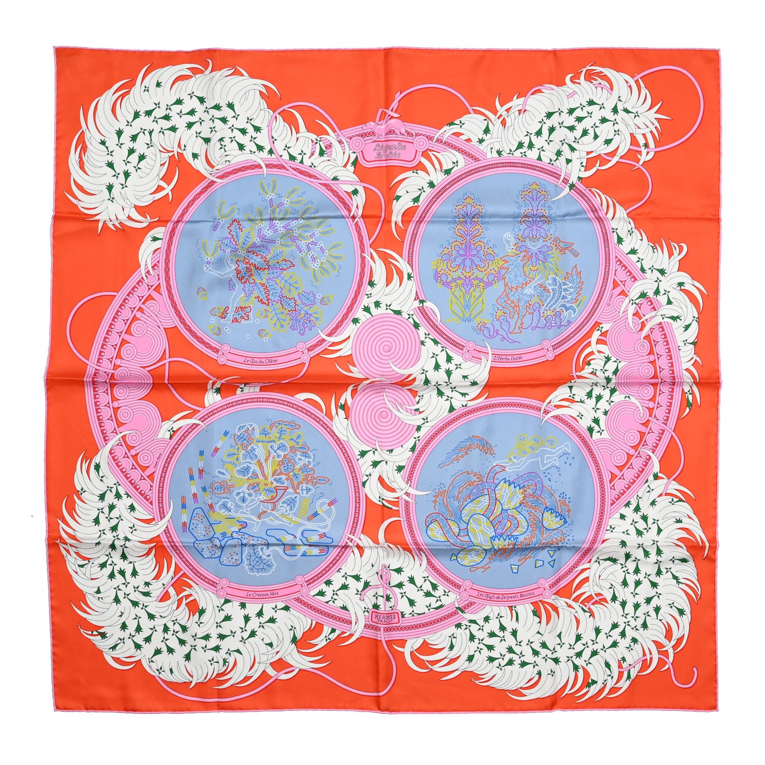 Hermes Silk Legende Brodee Scarf 90 Vermillon Bleu Pale White 1 of 6
