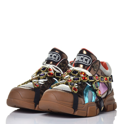 Gucci X SEGA Metallic Calfskin Mesh Removable Crystals Womens Flashtrek Sneakers 42 Rame Mystic White Lago 3 of 8