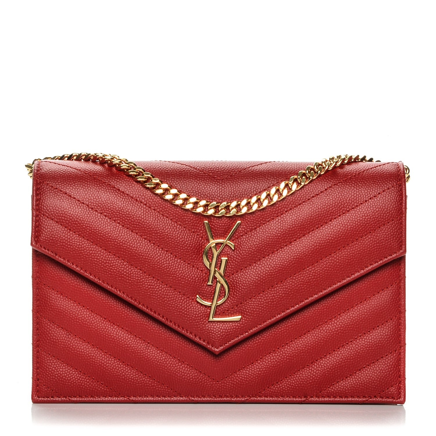 Saint Laurent Grain De Poudre Matelasse Chevron Monogram Envelope Chain Wallet New Red 1 of 7