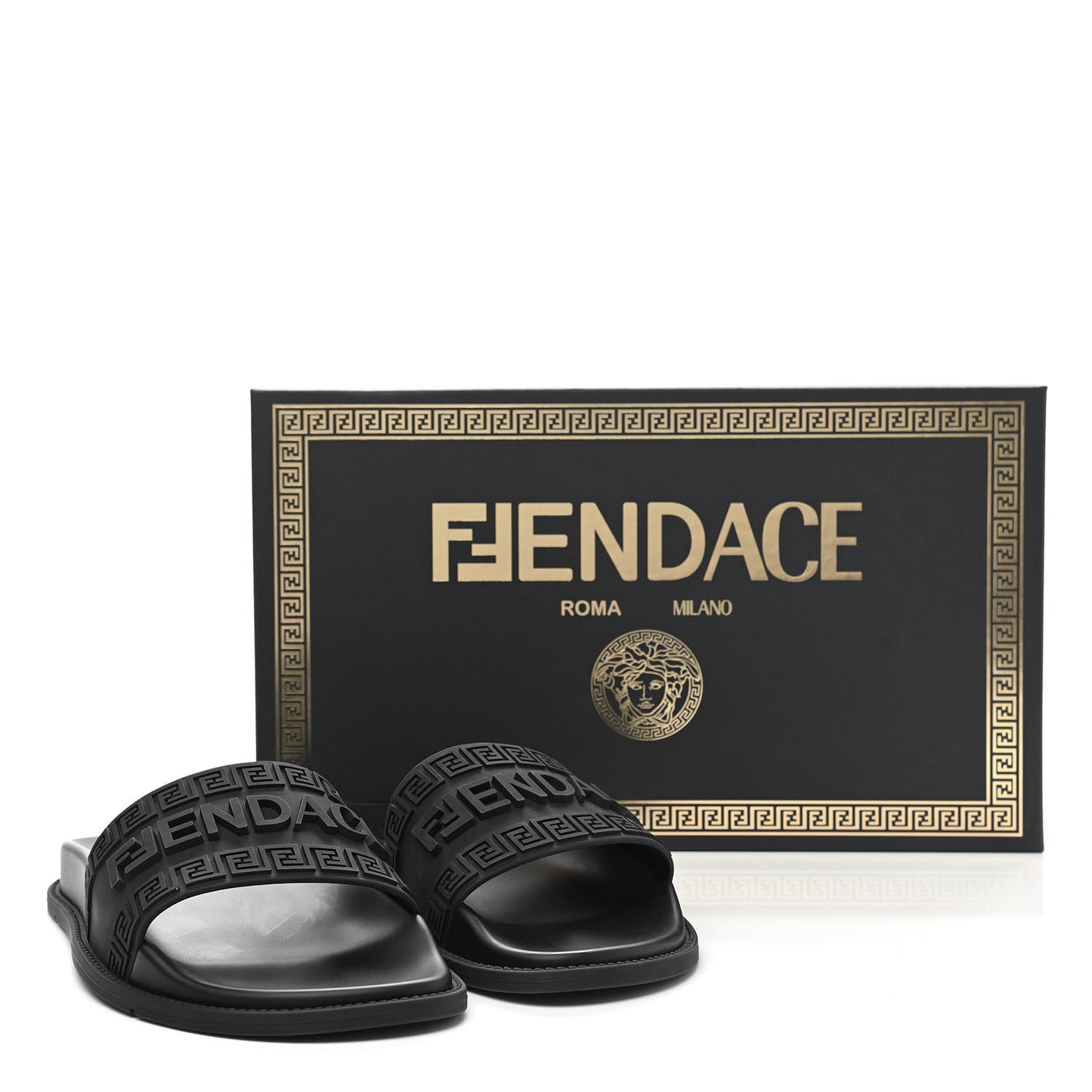 X VERSACE Rubber Logo Slide Sandals 40 Black