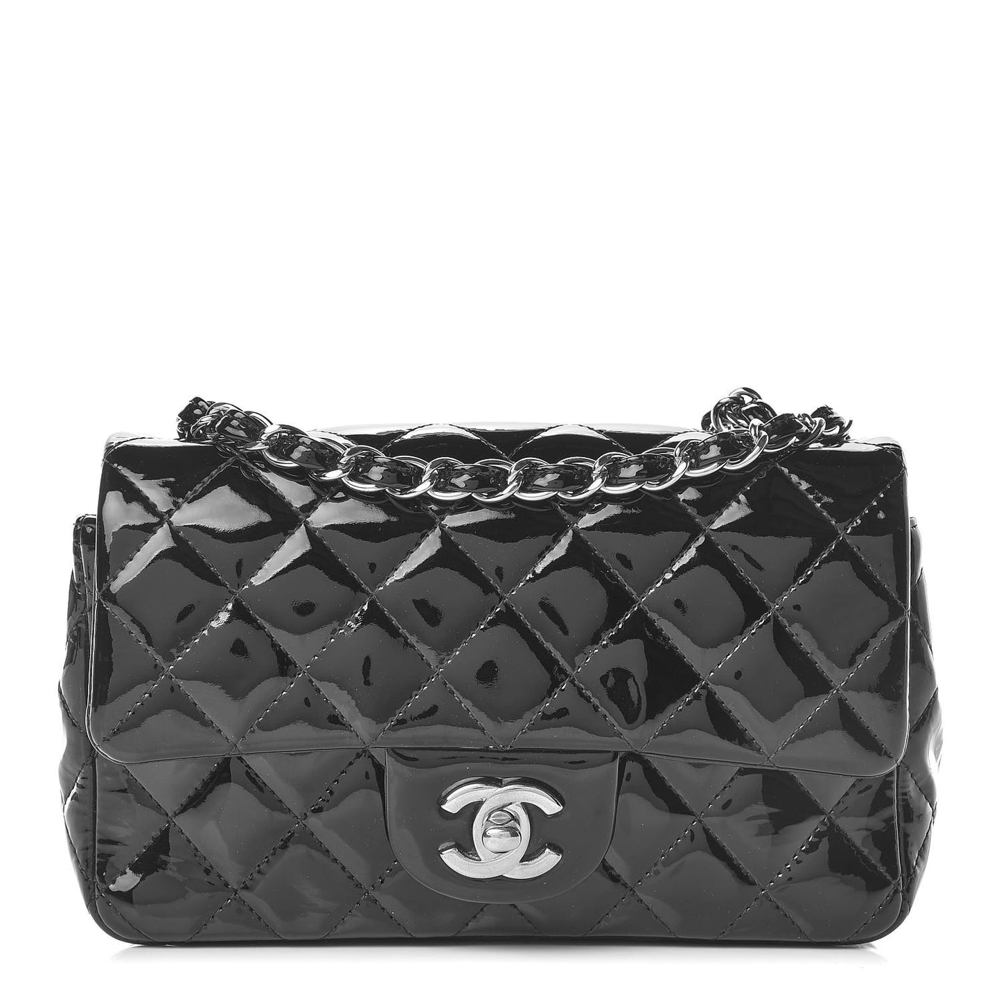 Patent Calfskin Quilted Mini Rectangular Flap Black