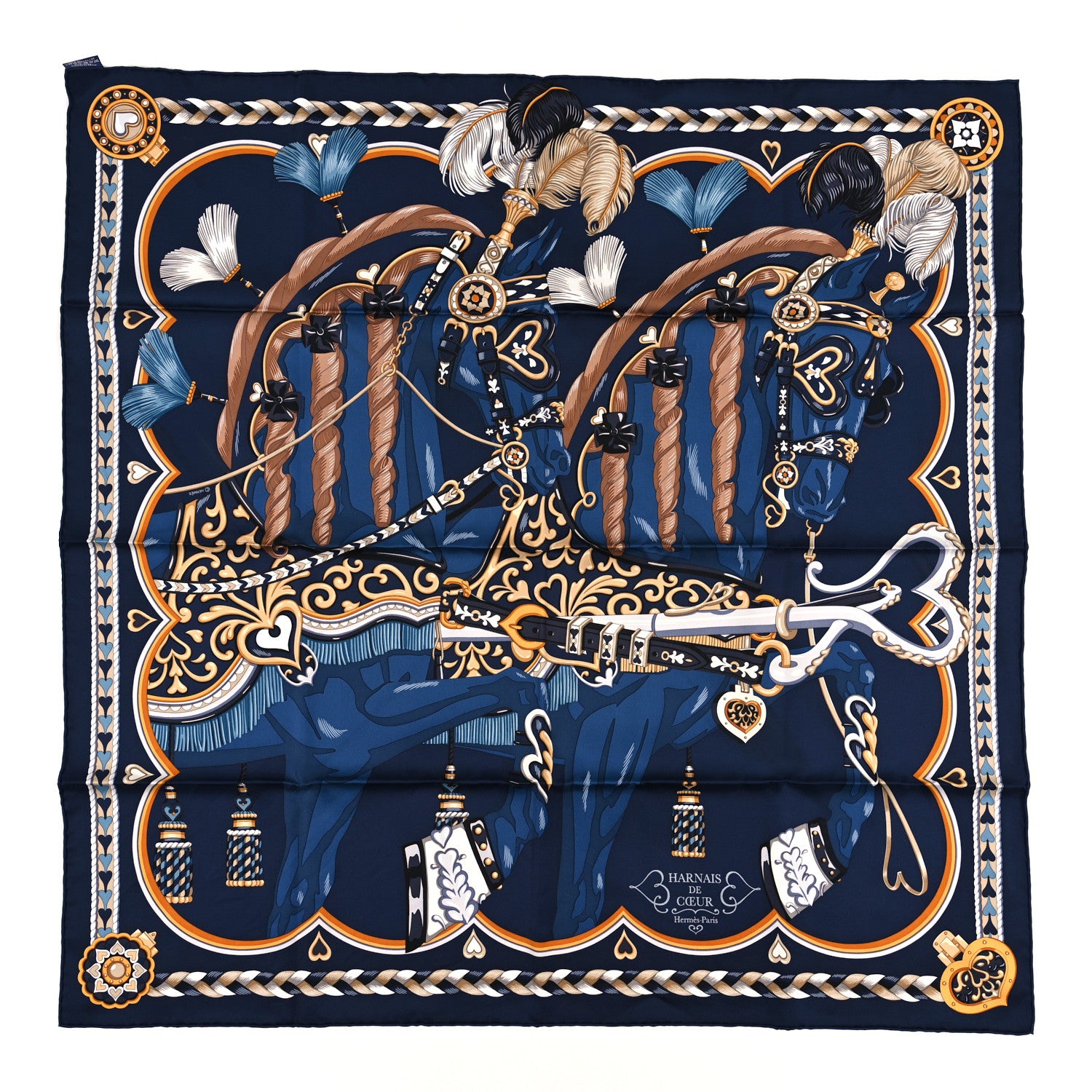 Hermes Silk Harnais De Coeur Scarf 90 Marine Fonce Mordore 1 of 3