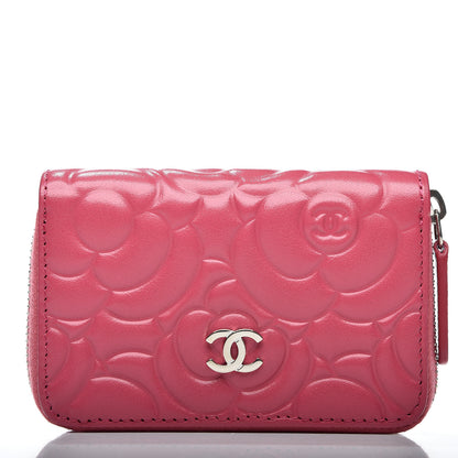 Chanel Lambskin Camellia Embossed Zip Around Card Holder Fuchsia 1 of 10