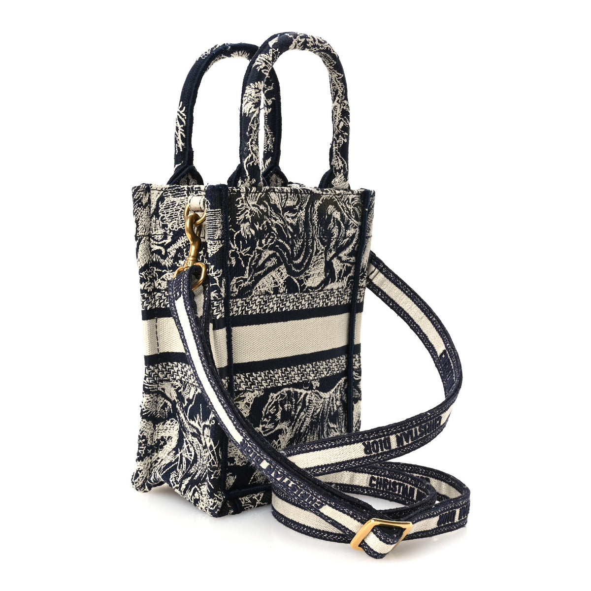 Canvas Toile de Jouy Reverse Embroidered Mini Book Tote Phone Bag Blue