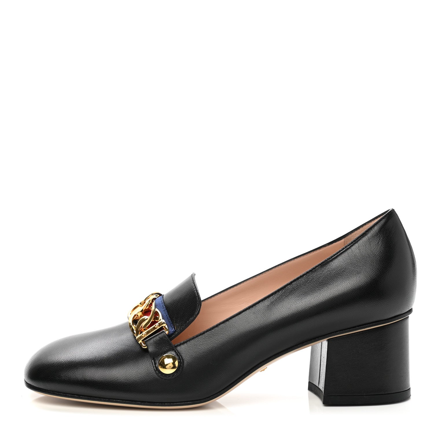 Gucci Malaga Kid Sylvie Web Chain Mid Heel Loafers 37 Black 1 of 9