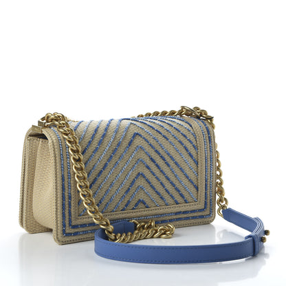 Chanel Cotton Canvas Calfskin Chevron Embroidered Medium Boy Flap Beige Blue 4 of 10